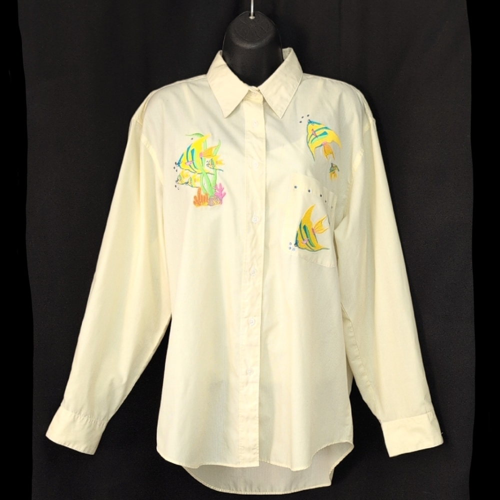 White and Butter Yellow Pinstriped Button-Up Shirt with Fish Embroidery - Picture 3 of 10
